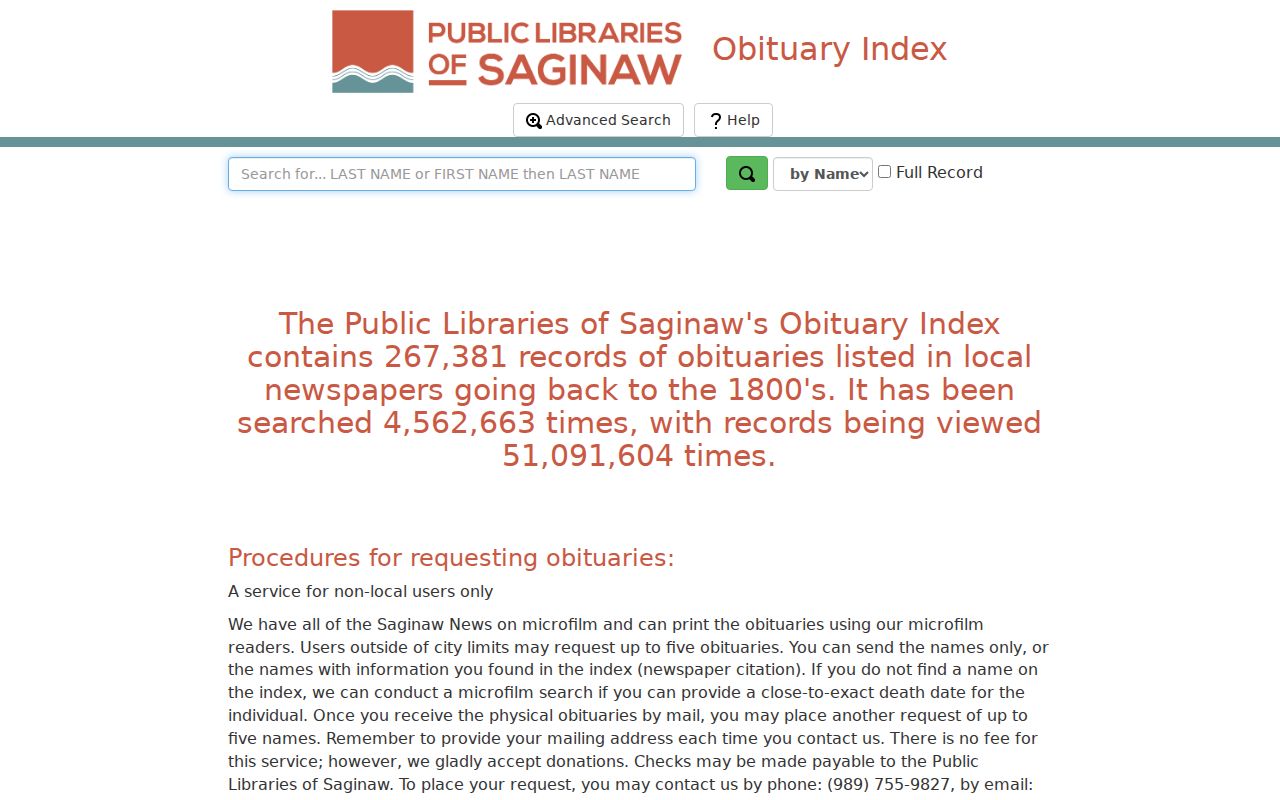 Hoyt Library Saginaw obituary index with name and advanced search controls