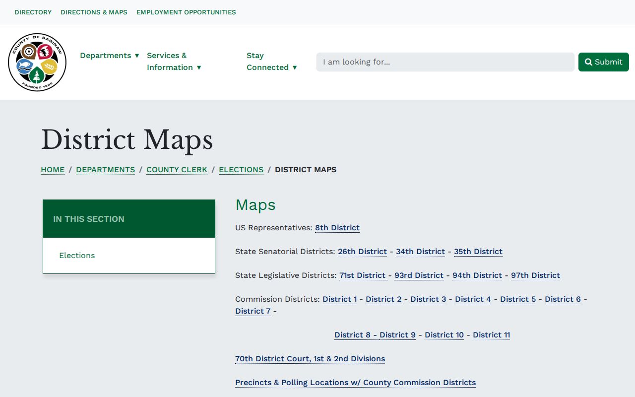 Saginaw County election district maps page for precinct and district context