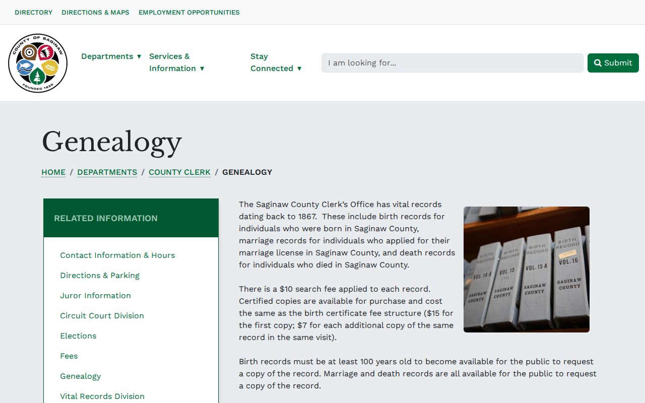 Saginaw County genealogy records access page