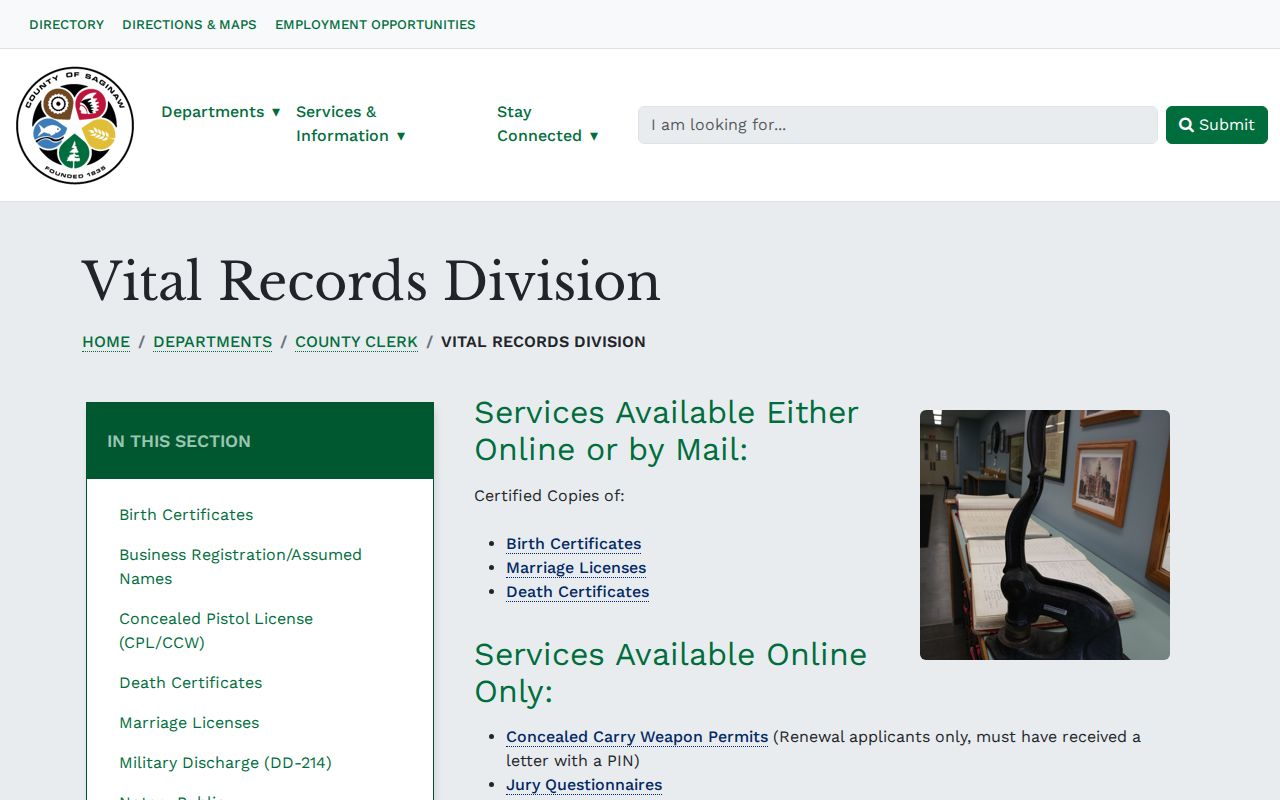 Saginaw County Clerk Vital Records Division page