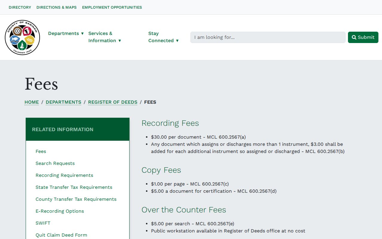 Saginaw County Register of Deeds fee page for copies, certifications, searches, and recordings