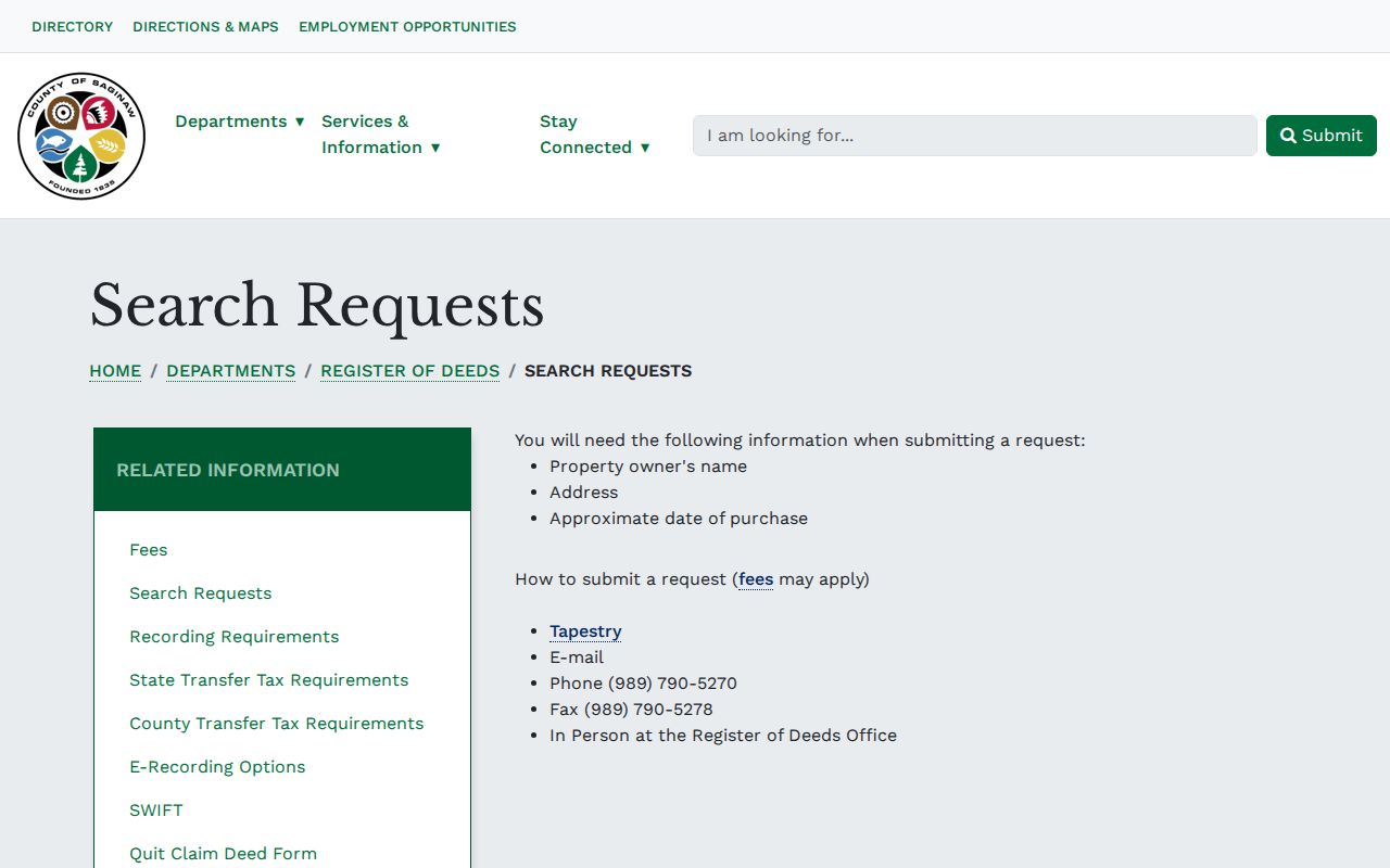 Saginaw Township street directory deed search request guidance